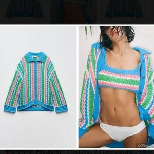 ZARA | Crochet Granny Cardigan Striped Blue Green Pink Sz L
